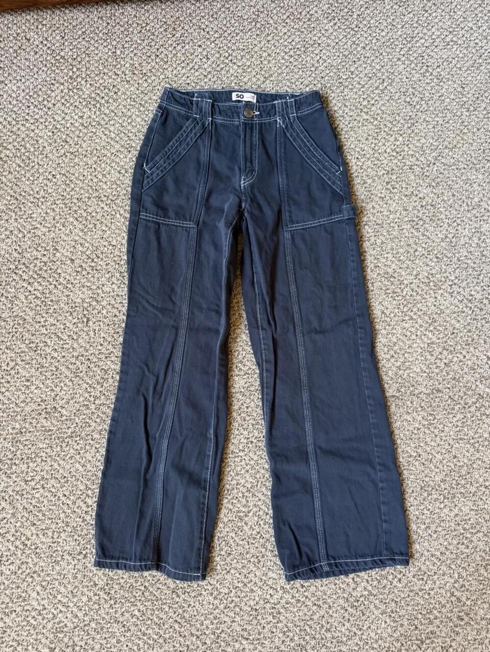 SO Clothing black denim carpenter pants with white stitching